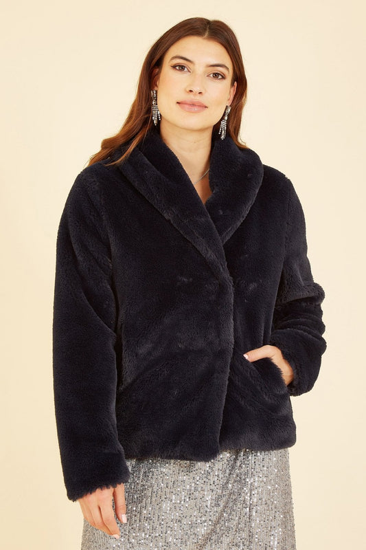 Yumi Black Short Wrap Faux Fur Coat