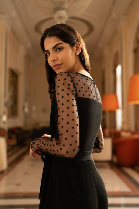 Yumi Black Spot Mesh Stretch Jumpsuit