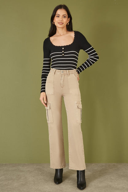 Yumi Black Stripe Rib Knitted Long Sleeve Top With Button Details