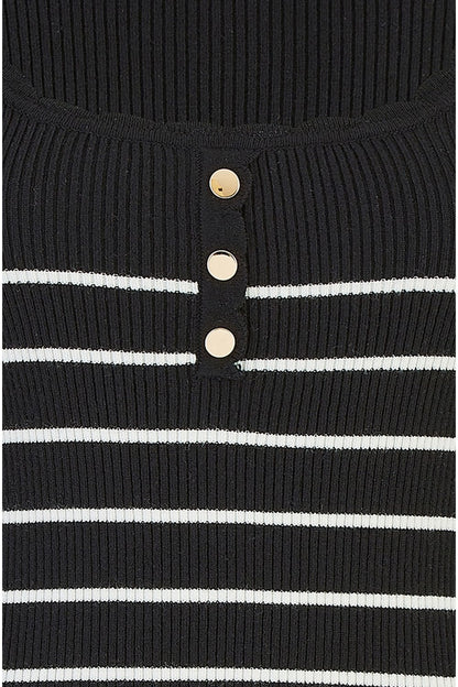 Yumi Black Stripe Rib Knitted Long Sleeve Top With Button Details