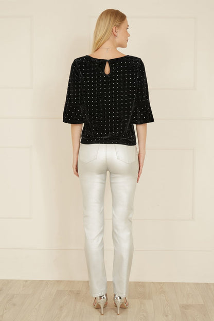 Yumi Black Stud Velvet Relaxed Fit Top With Fluted Sleeves