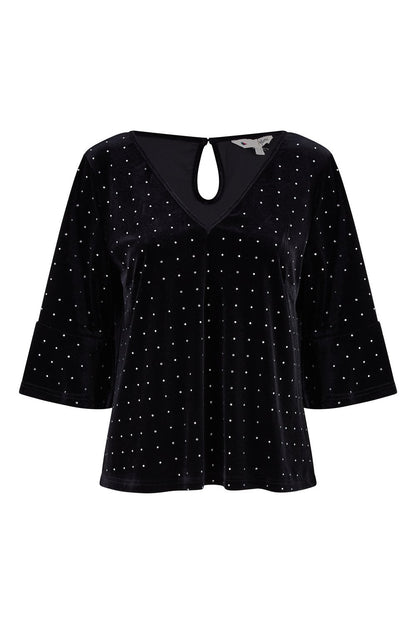 Yumi Black Stud Velvet Relaxed Fit Top With Fluted Sleeves