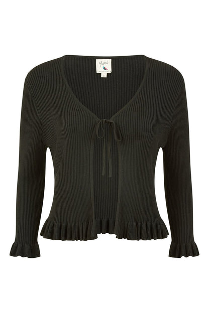 Yumi Black Tie Up Ribbed Cardigan With Frill Hem