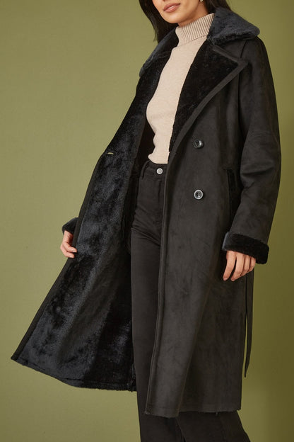 Yumi Black Trench Coat With Faux Fur Lining