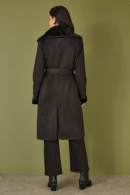 Yumi Black Trench Coat With Faux Fur Lining