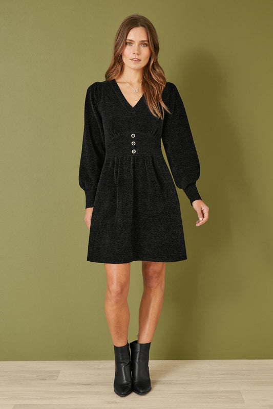 Yumi Black V Neck Empire Line Knitted Skater Dress