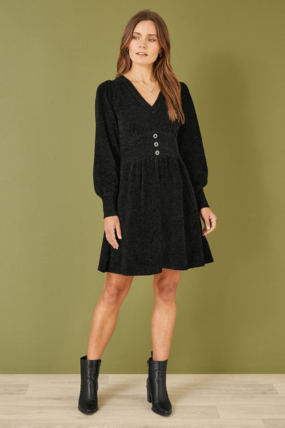 Yumi Black V Neck Empire Line Knitted Skater Dress