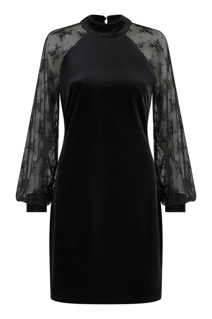 Yumi Black Velvet Fitted Dress With Lace Sleeves