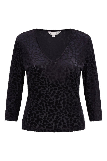 Yumi Black Velvet Leopard V Neck Top
