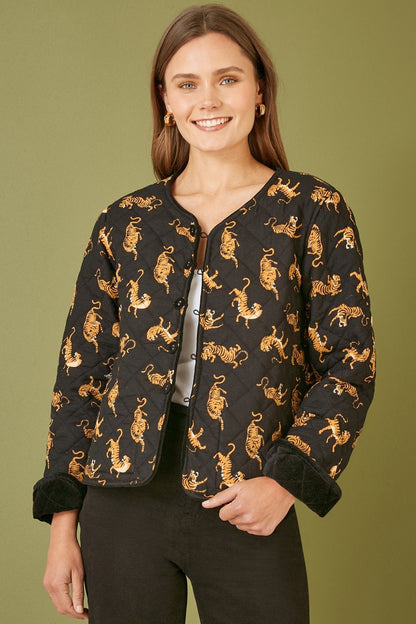 Yumi Black Velvet Quilted Jacket With Reversible Leopard Lining
