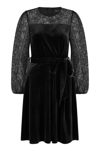 Yumi Black Velvet Skater Dress With Lace Sleeves