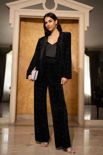 Yumi Black Velvet Sparkle Wide Leg Trousers