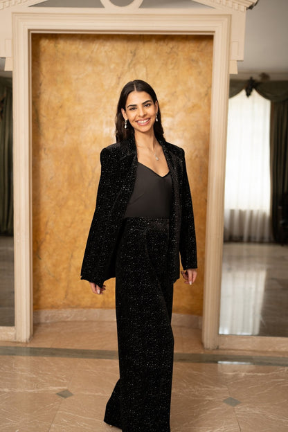 Yumi Black Velvet Sparkle Wide Leg Trousers