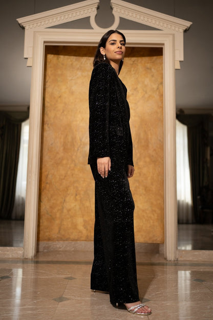 Yumi Black Velvet Sparkle Wide Leg Trousers
