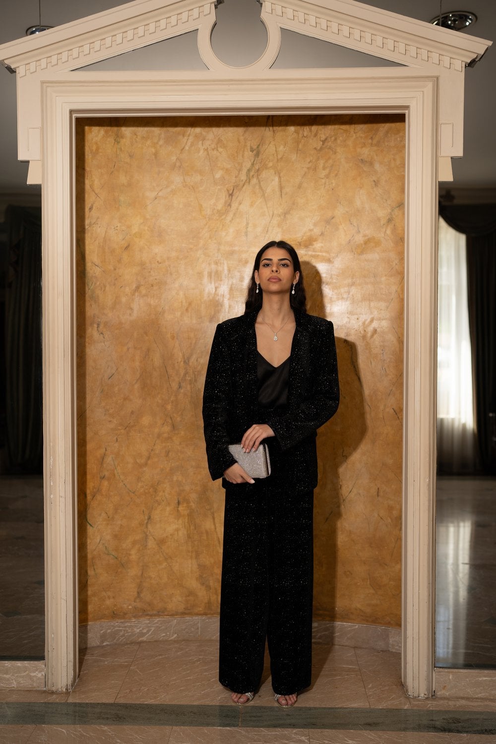 Yumi Black Velvet Sparkle Wide Leg Trousers