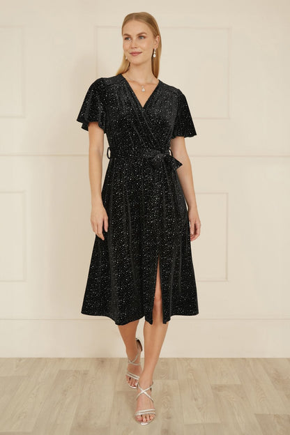 Yumi Black Velvet Sparkle Wrap Midi Dress