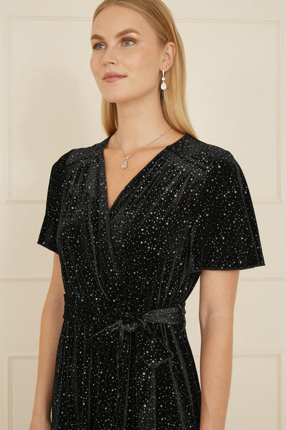 Yumi Black Velvet Sparkle Wrap Midi Dress