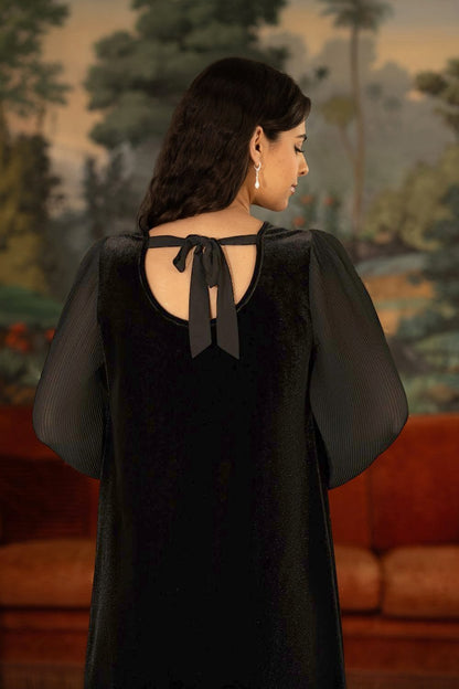 Yumi Black Velvet Tunic Dress with Pleated Balloon Sleeves And Tie Back