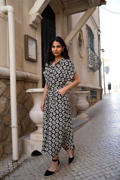 Yumi Black Viscose Midi Shirt Dress With Matching Belt