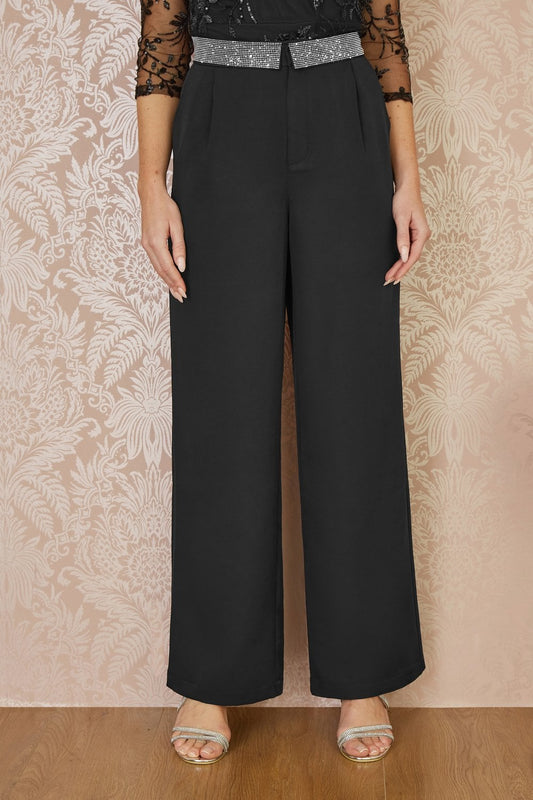 Yumi Black Wide Leg Trousers With Diamante Waistband