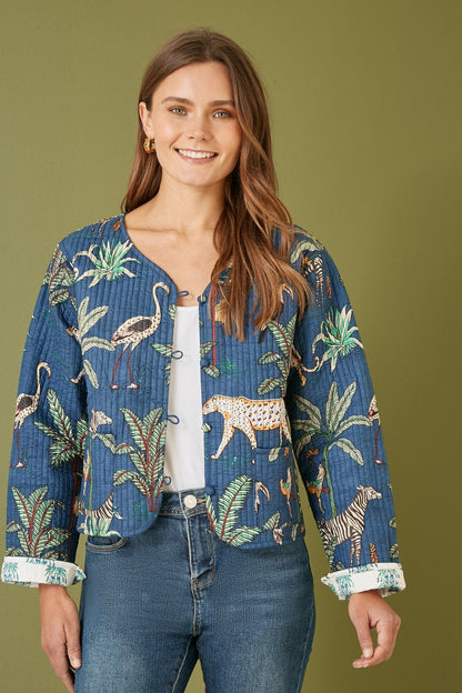 Yumi Blue Animal Print Reversible Cotton Cropped Quilted Jacket
