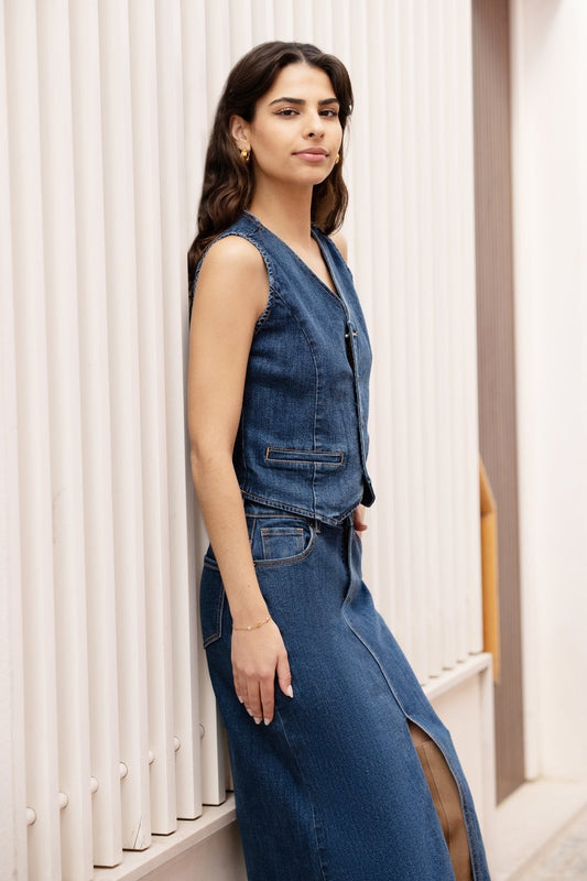 Yumi Blue Denim Stretch Fitted Midi Skirt With Front Split