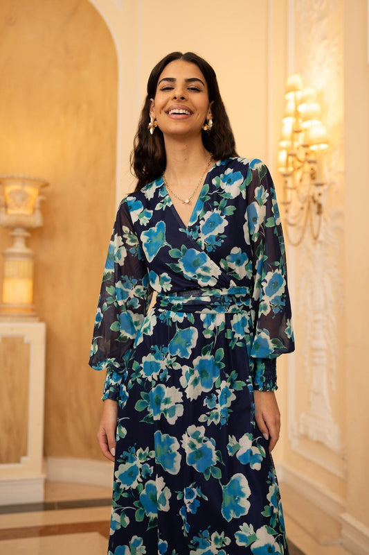 Yumi Blue Floral Mesh Wrap Dress With Long Sleeves
