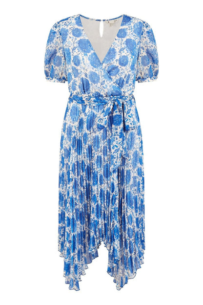 Yumi Blue Floral Pleated Midi Dress With Puff Sleeves