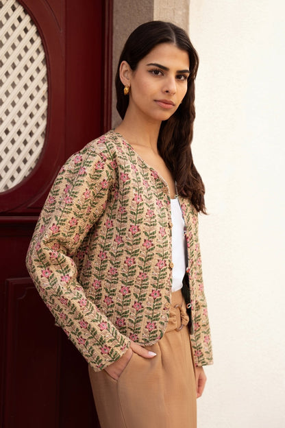 Yumi Blue Floral Print Reversible Cotton Cropped Quilted Jacket