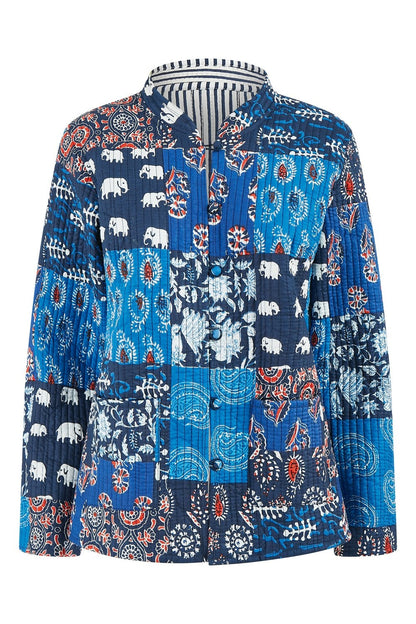 Yumi Blue Indian Patchwork Print Reversible Cotton Quilted Jacket