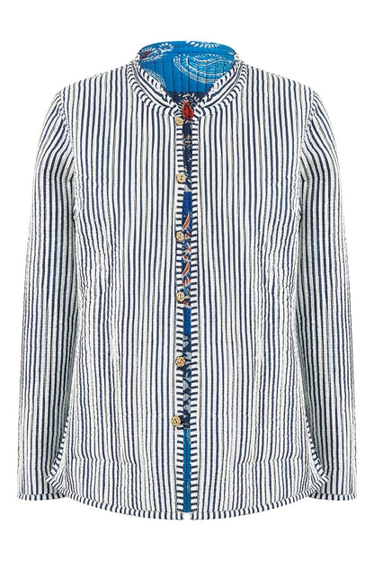 Yumi Blue Indian Patchwork Print Reversible Cotton Quilted Jacket