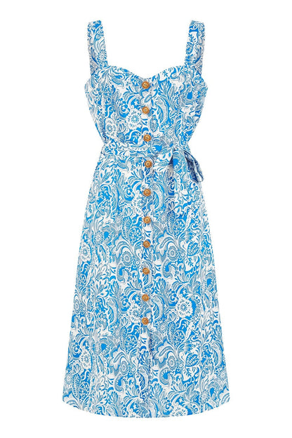 Yumi Blue Paisley leaf Print Midi Sundress