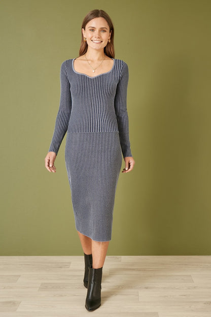 Yumi Blue Ribbed Knitted Midi Skirt