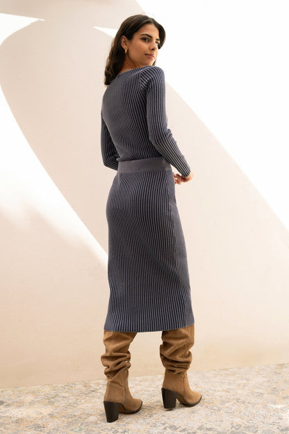 Yumi Blue Ribbed Knitted Midi Skirt