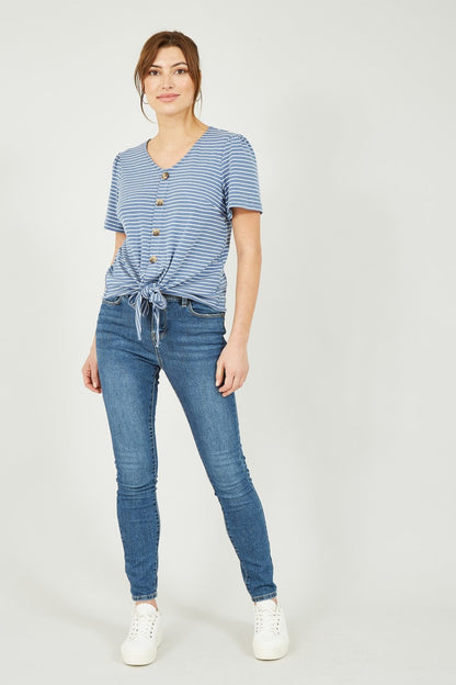 Yumi Blue Striped Jersey Button Detail Top