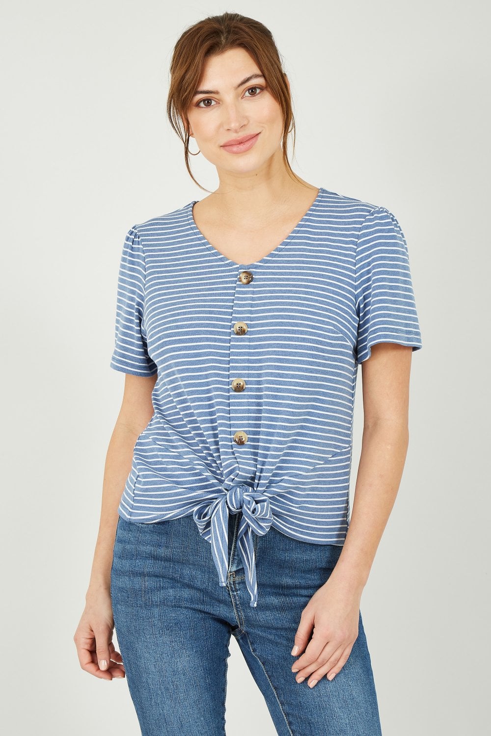 Yumi Blue Striped Jersey Button Detail Top