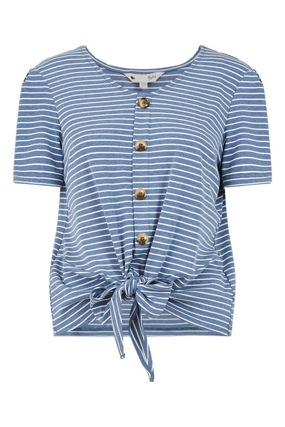 Yumi Blue Striped Jersey Button Detail Top