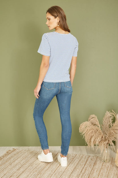 Yumi Blue Striped Jersey Button Detail Top