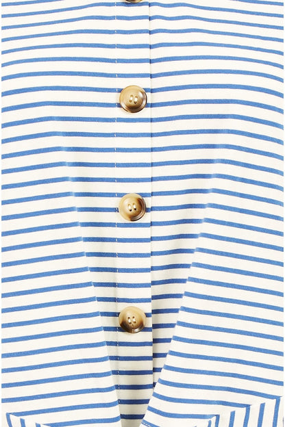 Yumi Blue Striped Jersey Button Detail Top