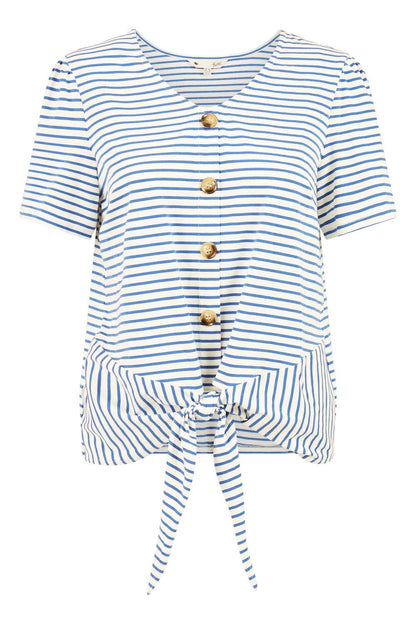 Yumi Blue Striped Jersey Button Detail Top