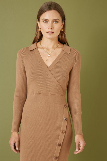 Yumi Brown Knitted Midi Dress With Asymmetric Button Details