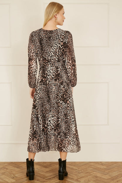Yumi Brown Leopard Print Pleated Long Sleeve Wrap Midi Dress