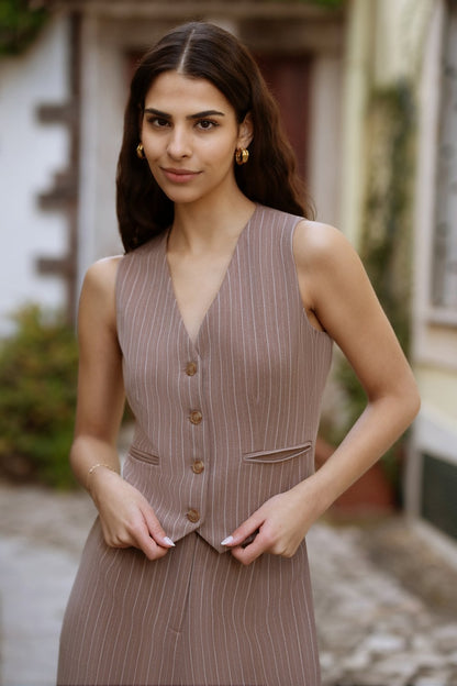 Yumi Brown Pinstripe Sustainable Cotton And Ramie Waist Coat Vest