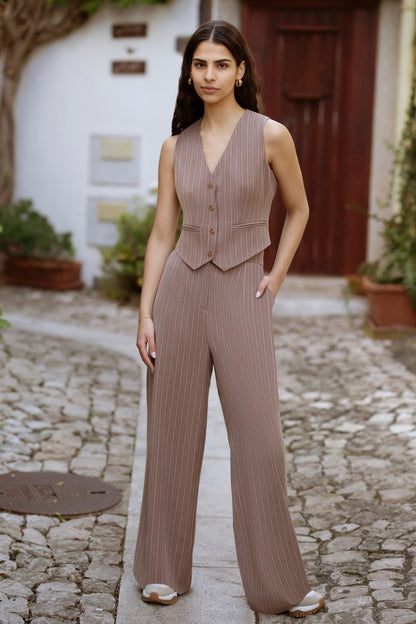 Yumi Brown Pinstripe Sustainable Cotton And Ramie Waist Coat Vest