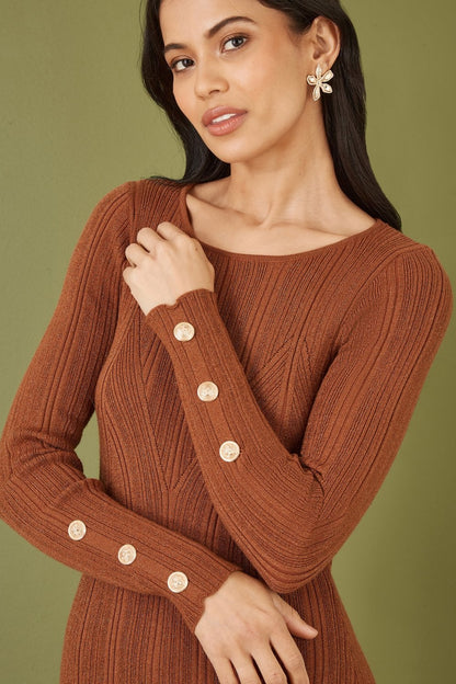 Yumi Brown Shimmer Fitted Midi Dress With Button