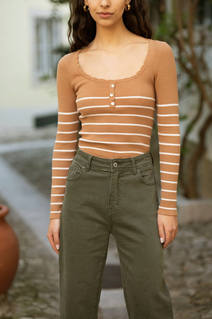 Yumi Brown Stripe Rib Knitted Long Sleeve Top With Button Details