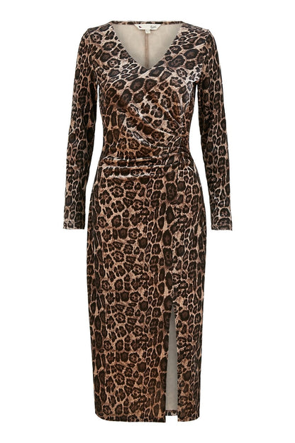 Yumi Brown Velvet Leopard Print Fitted Midi Dress