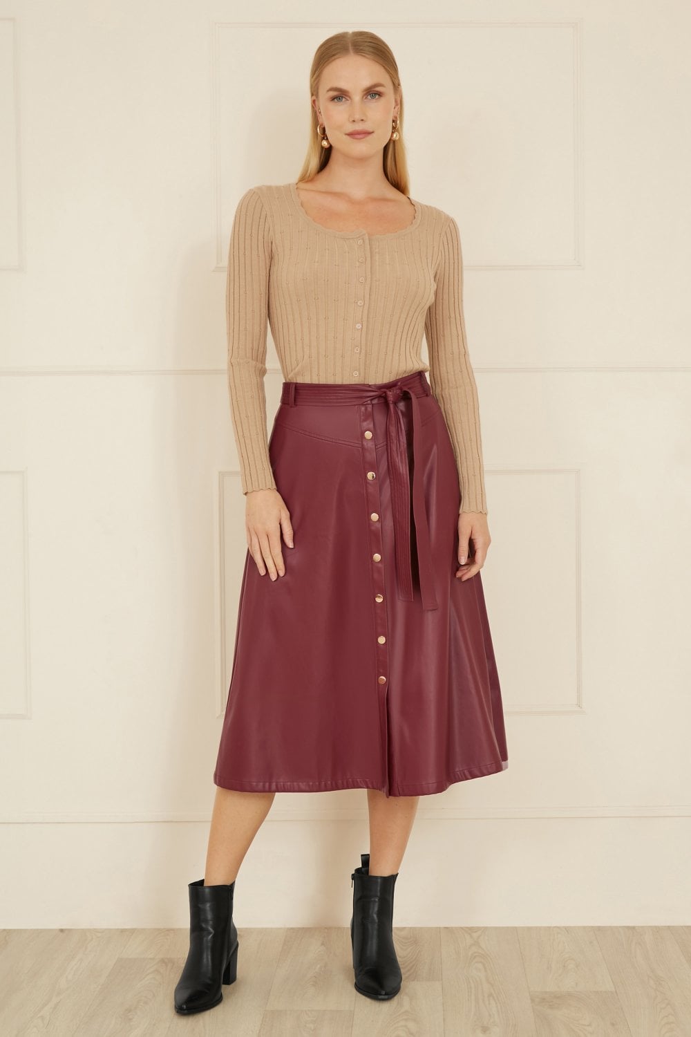Yumi Burgundy Faux Leather A Line Midi Skirt With Button Up Details