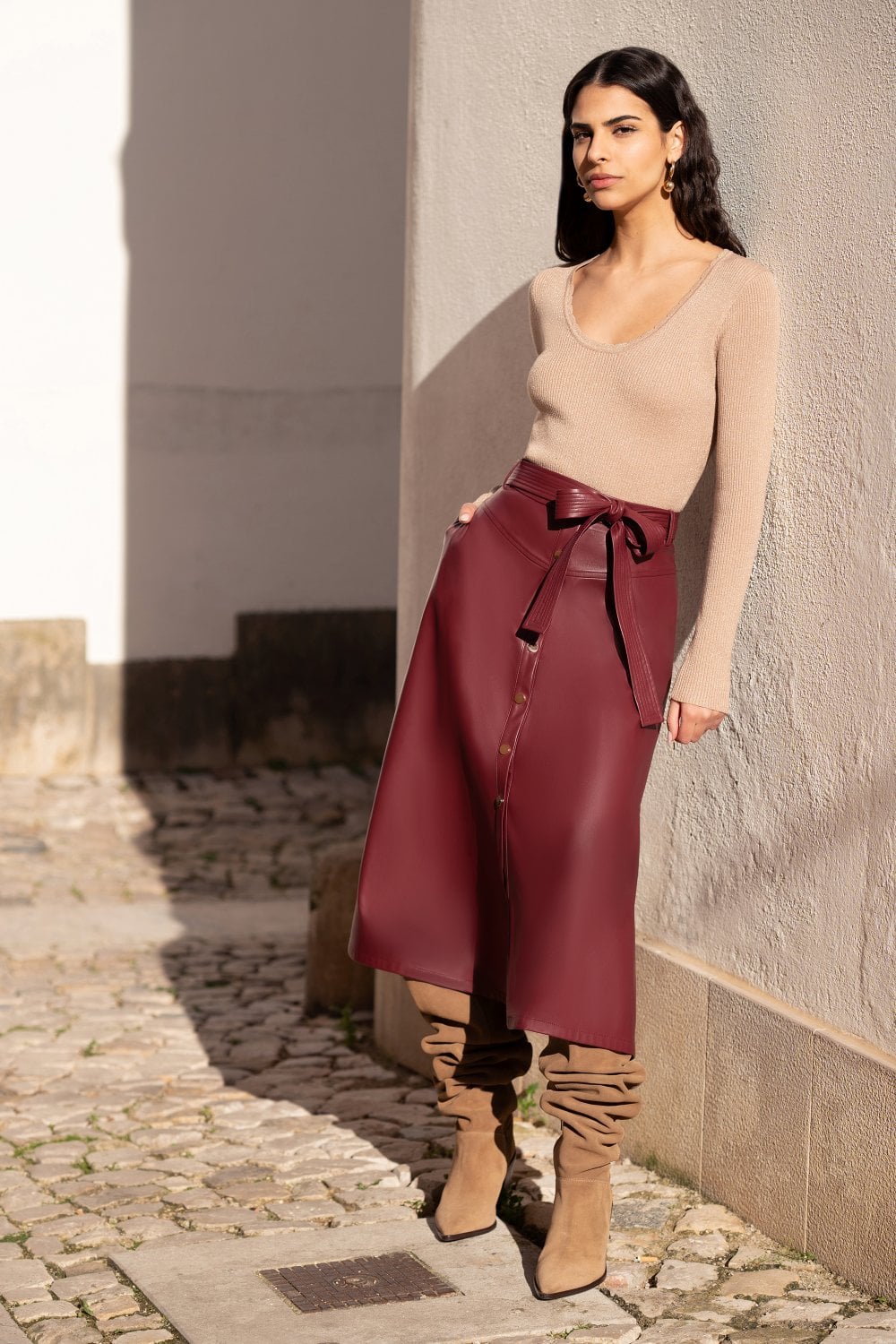 Yumi Burgundy Faux Leather A Line Midi Skirt With Button Up Details