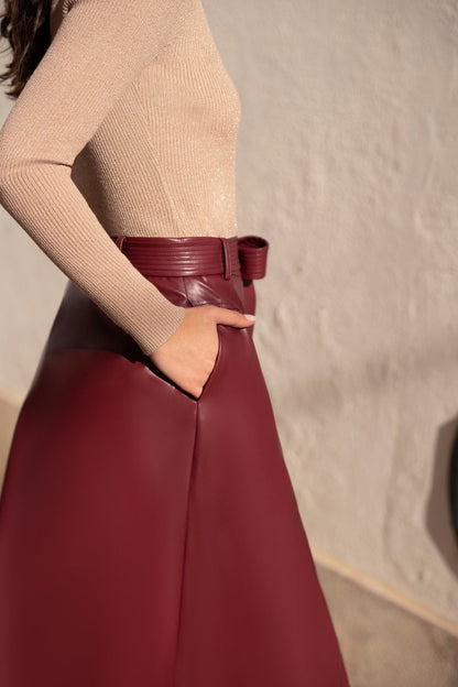 Yumi Burgundy Faux Leather A Line Midi Skirt With Button Up Details